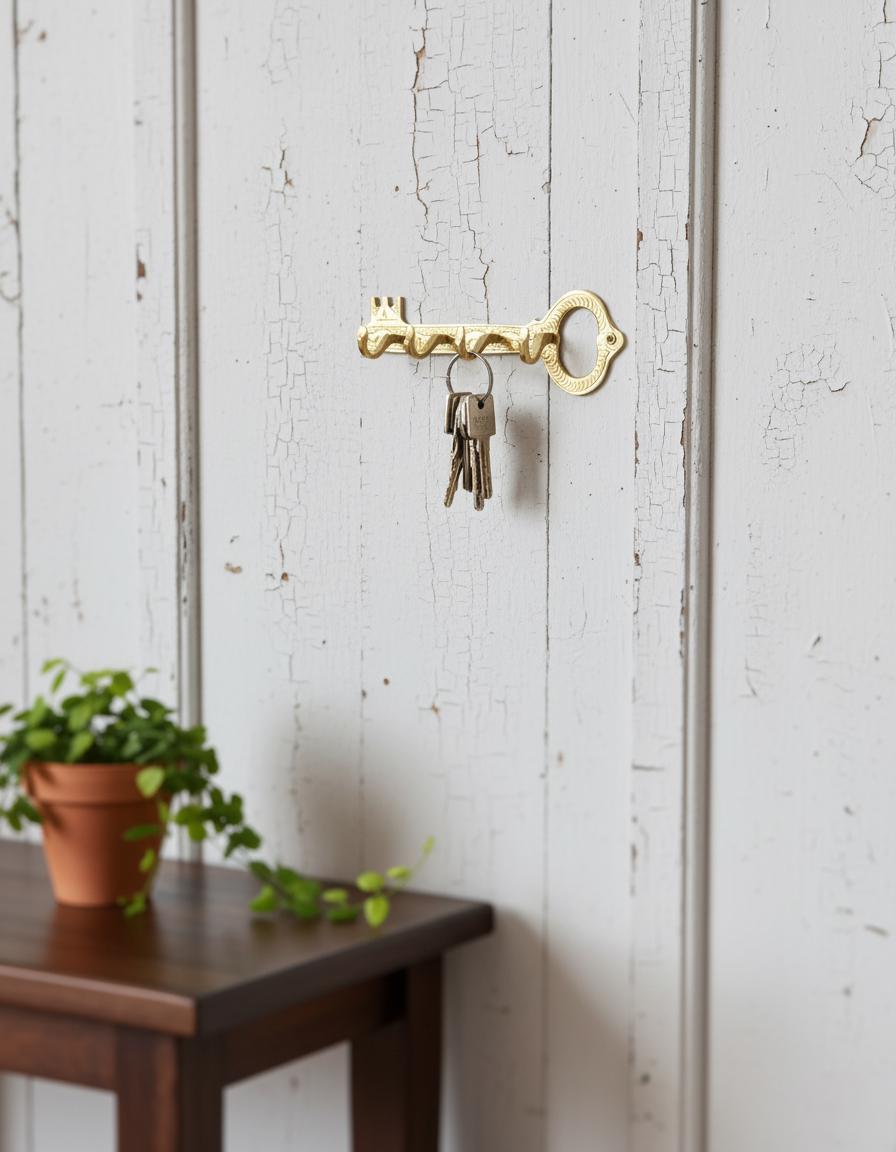 Decorative key-shaped hook on a textured wall with a plant on a table below.