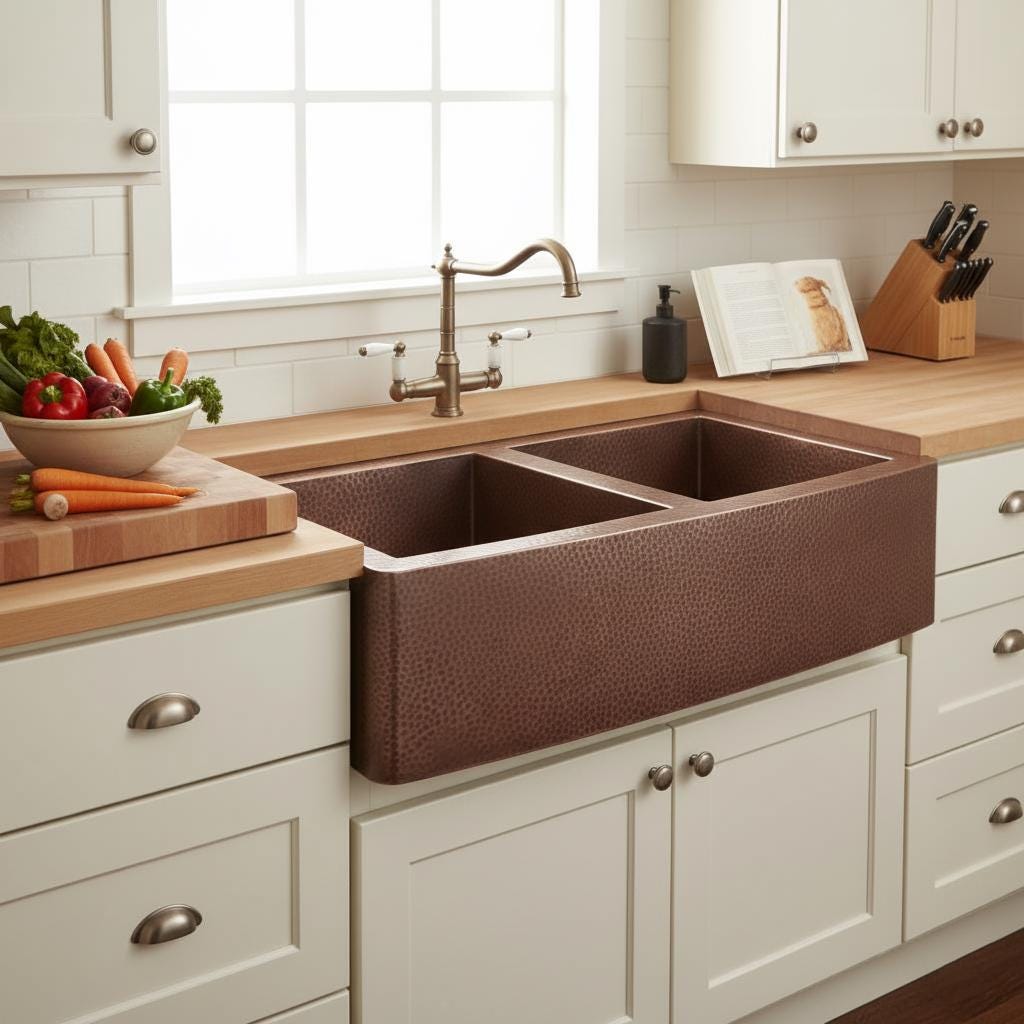 Kitchen with a copper farmhouse sink, wooden countertop, and white cabinets.