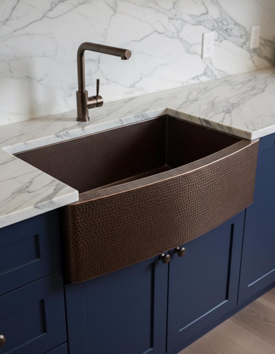 Copper farmhouse sink in a kitchen with marble countertop and blue cabinets.