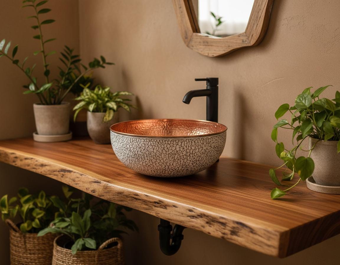 Bathroom vanity with a textured copper sink, black faucet, and potted plants.