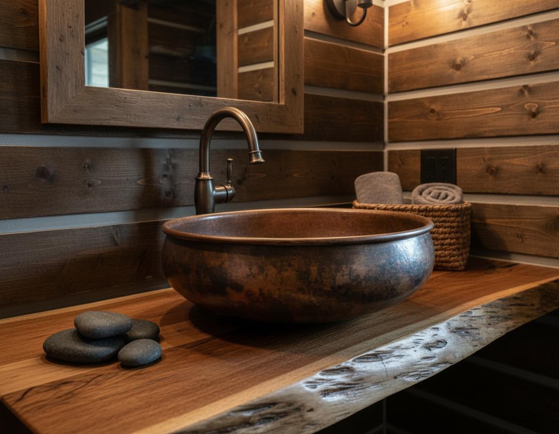Copper sink on a wooden counter with a rustic wooden wall background