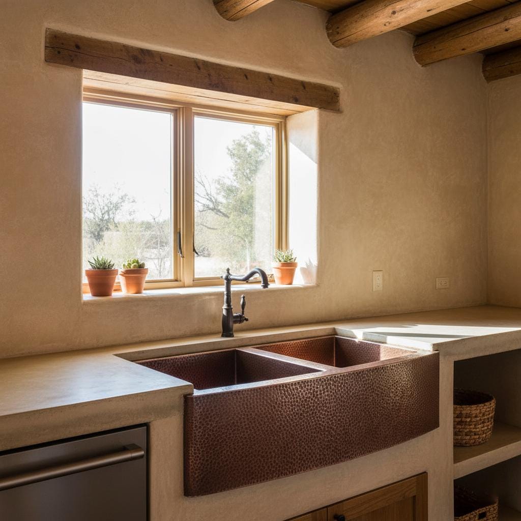 Copper farmhouse sink in a rustic kitchen with wooden beams and a window.