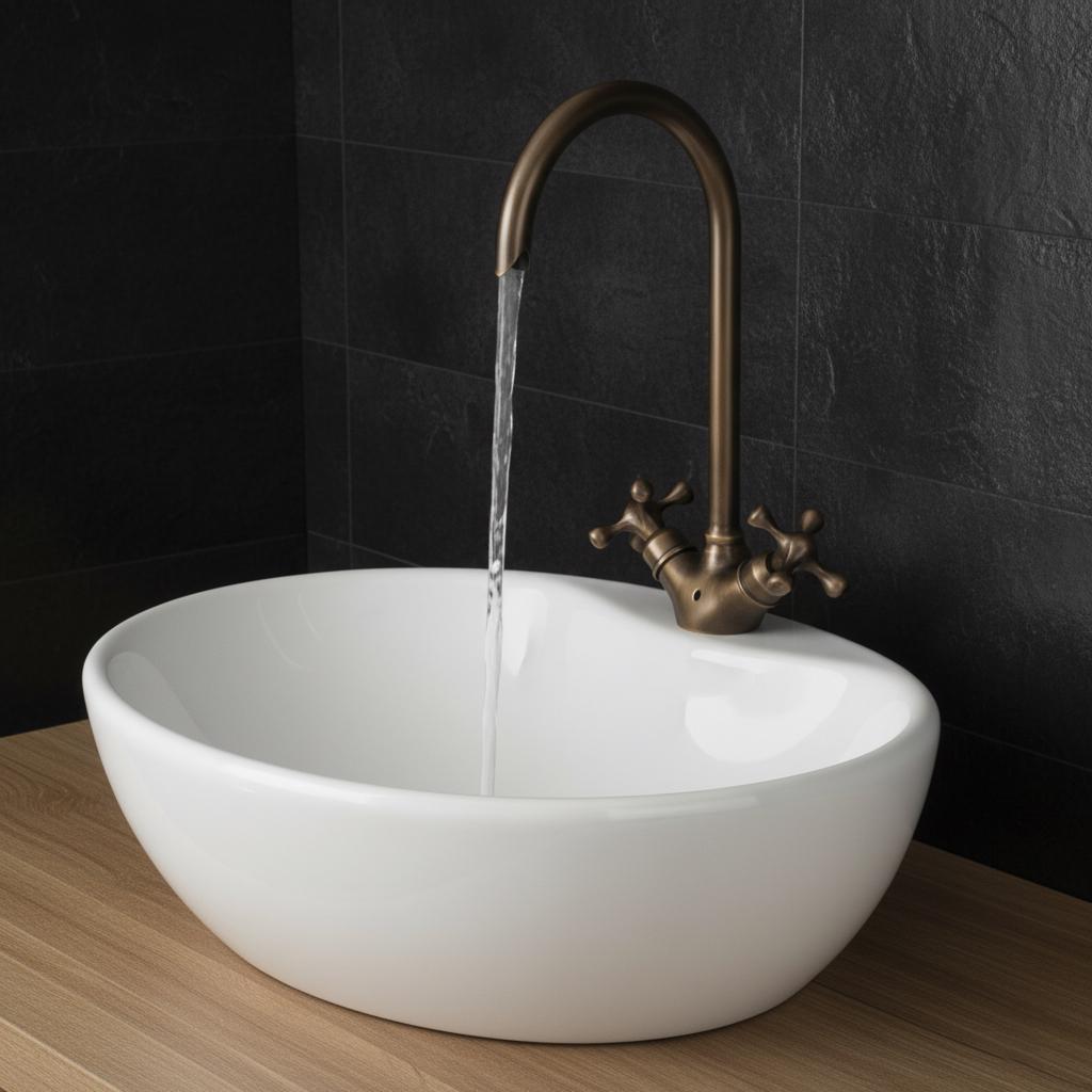 White ceramic sink with a bronze faucet on a dark tiled wall background