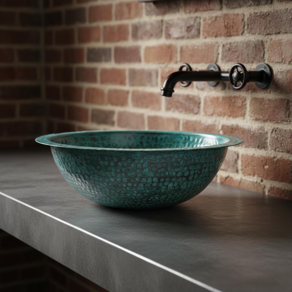 Teal hammered metal sink on a concrete countertop with a brick wall background