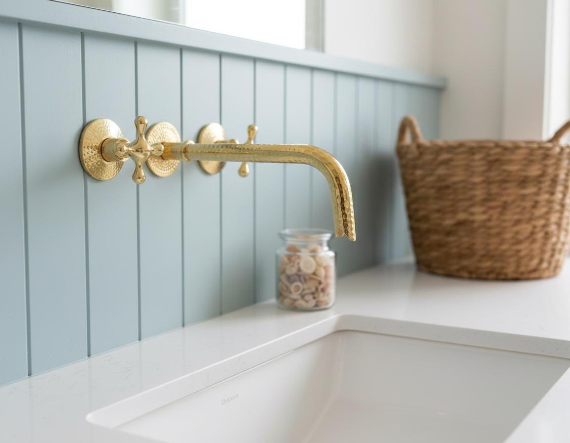 Gold faucet on a kitchen sink with a light blue wall and wicker basket in the background.