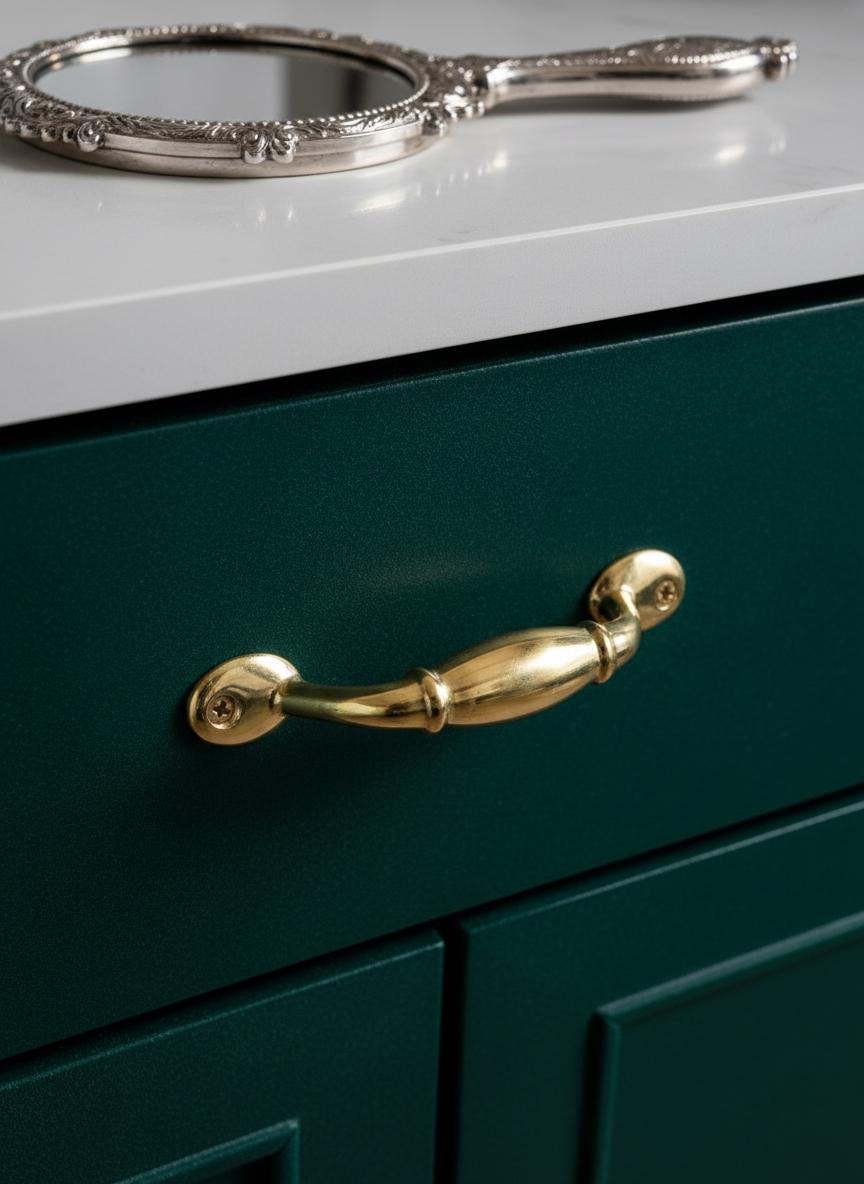 Green cabinet with gold handle and white countertop