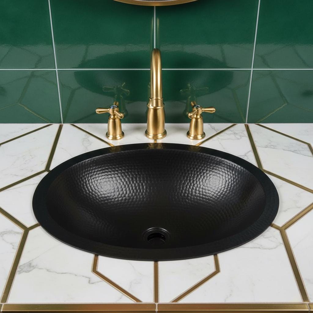 Black sink with gold faucet and handles against a green tiled wall.