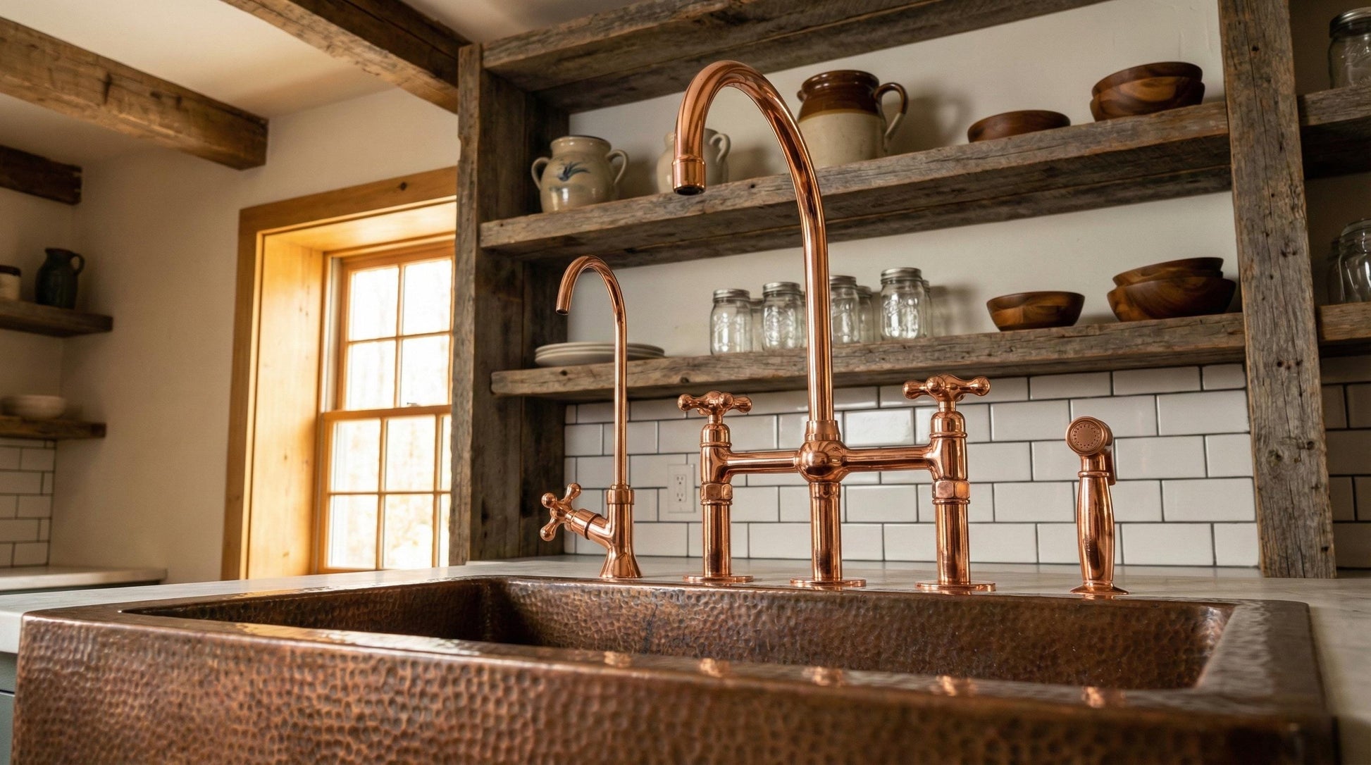 Copper kitchen sink with a rustic wooden shelf and tiled wall in the background