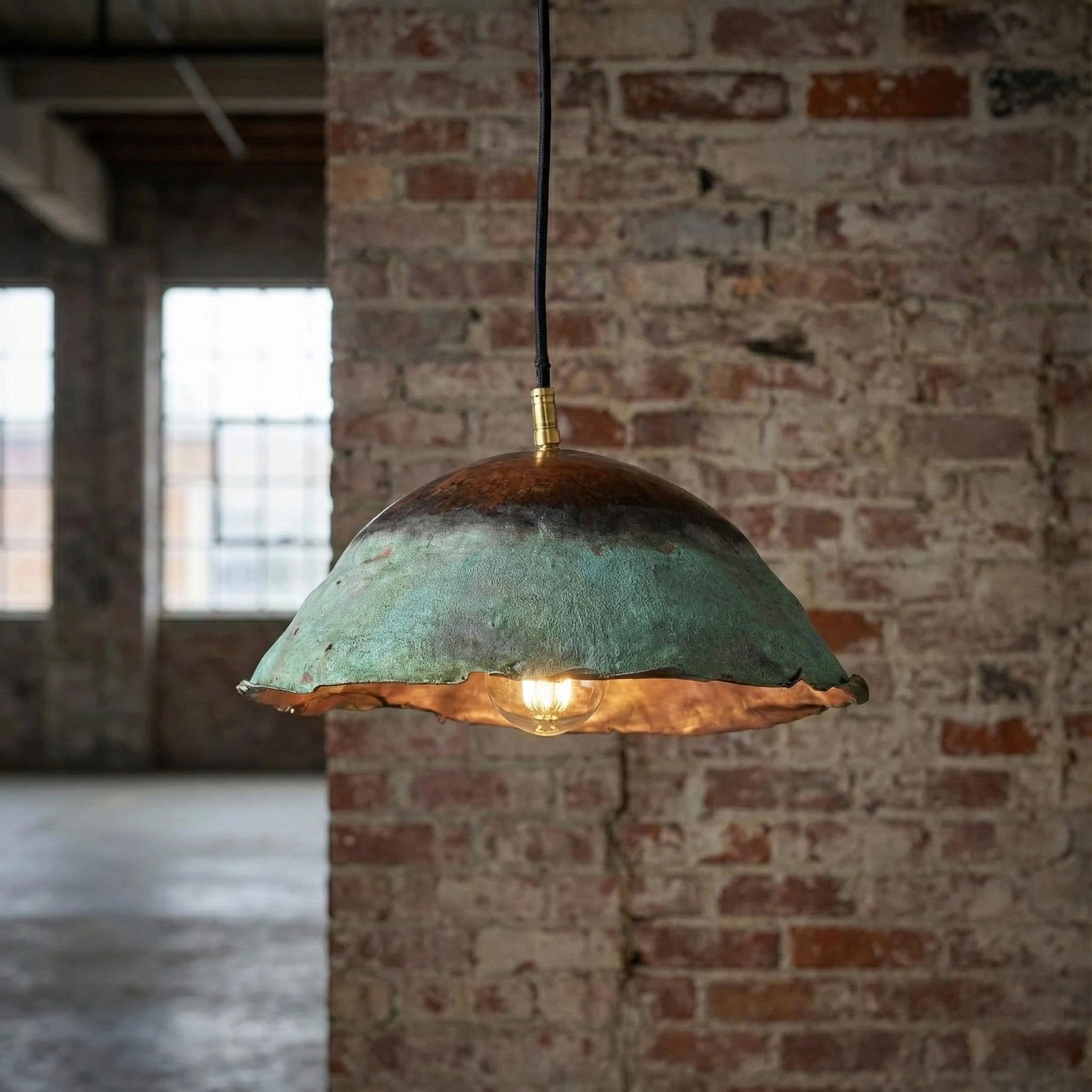 Vintage-style pendant light hanging against a brick wall.