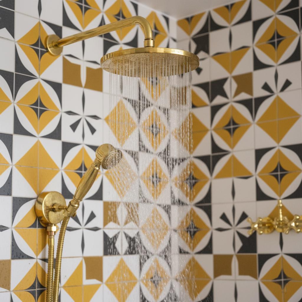 Gold shower head and fixtures against a geometric-patterned tiled wall.