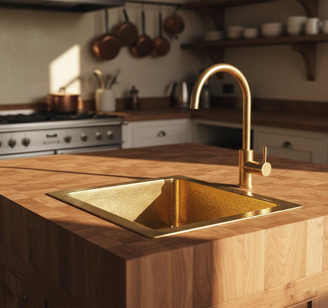 Gold kitchen sink and faucet on a wooden countertop with a kitchen background.