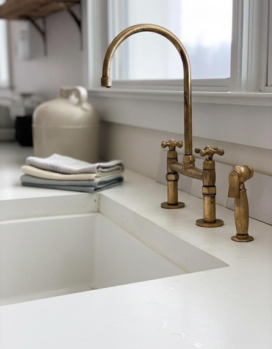Brass kitchen faucet and handles on a white sink