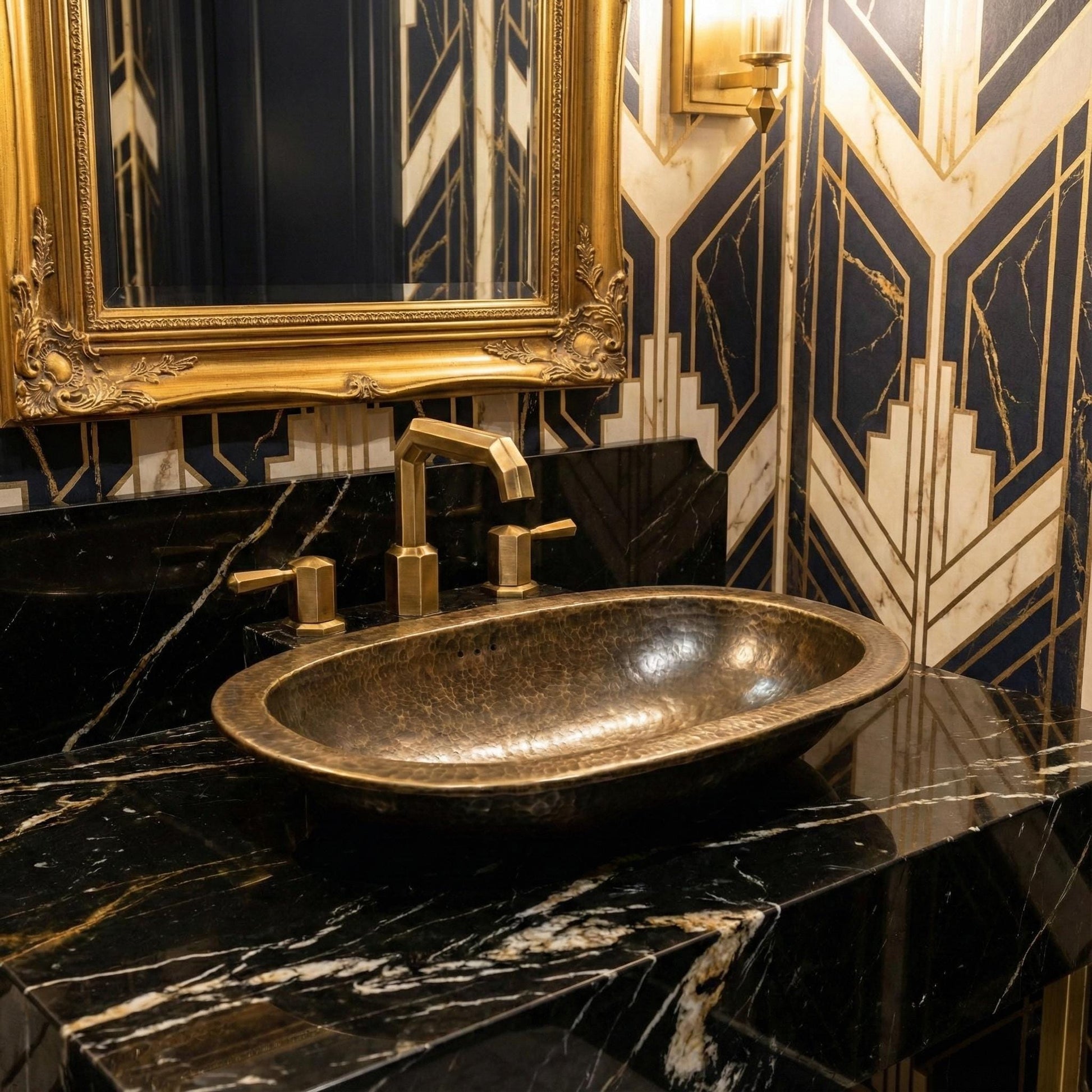 Bathroom sink with gold fixtures and decorative mirror in a marble-patterned wall.