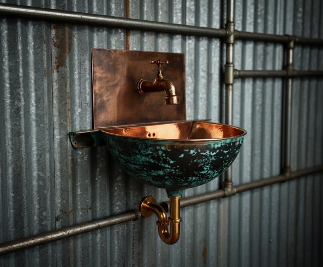 Vintage-style copper sink mounted on a corrugated metal wall.