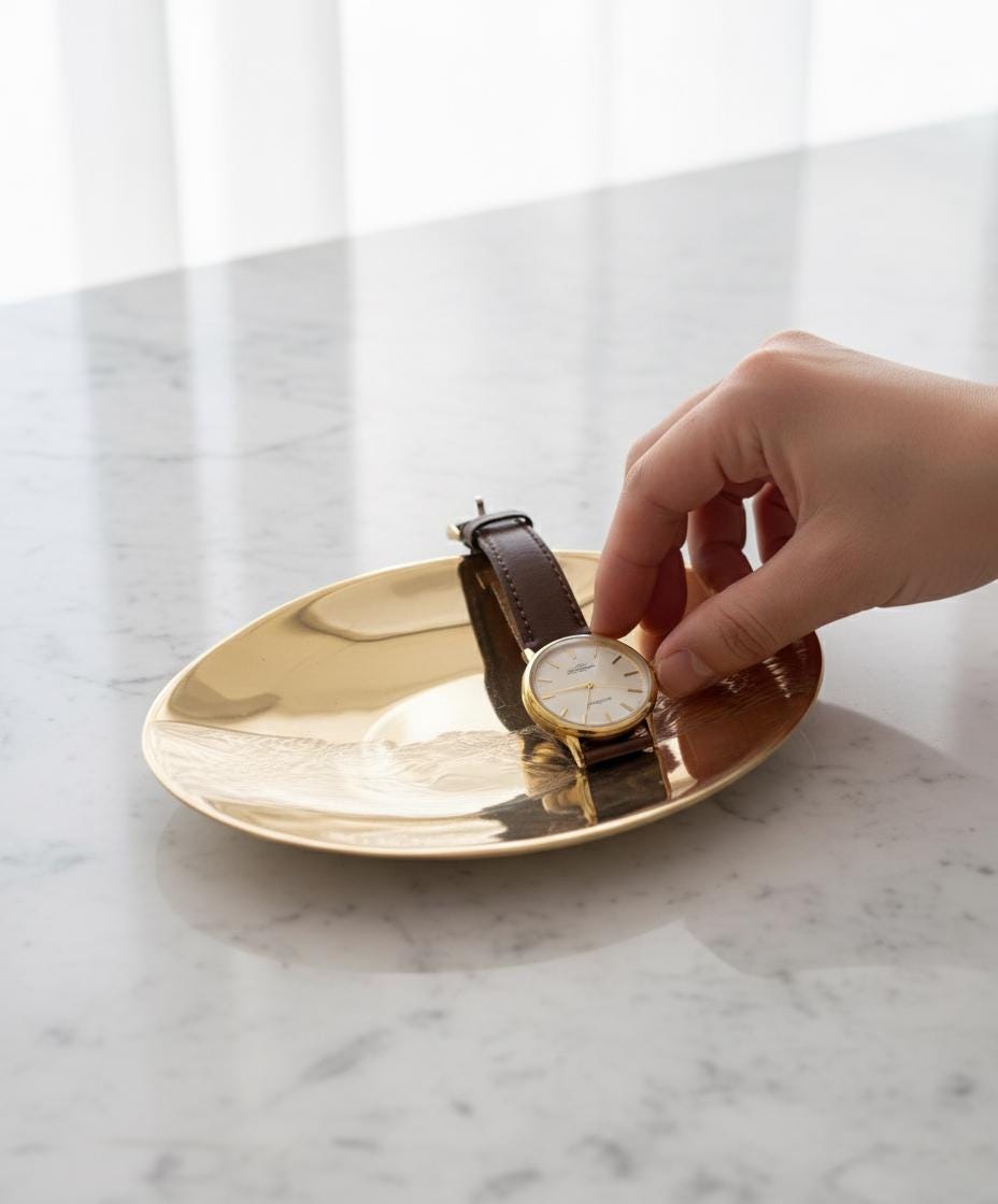 Gold watch on a gold dish with a hand reaching for it, on a marble surface.