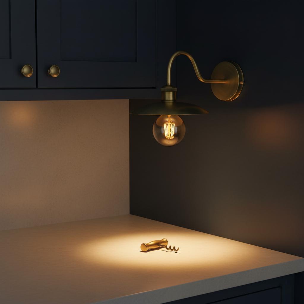 Wall-mounted lamp casting light on a countertop with a bottle opener.