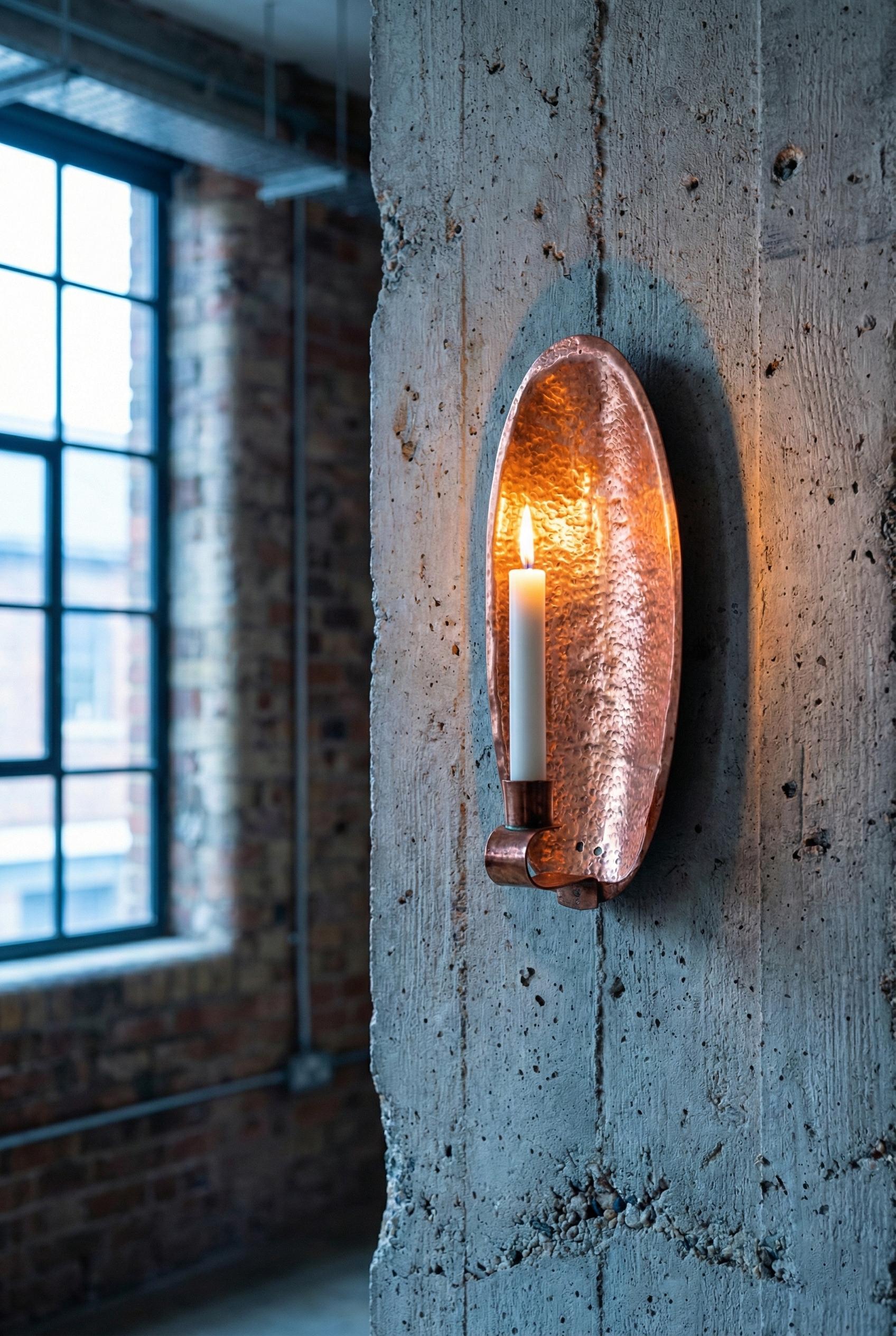 Copper wall sconce on a textured concrete wall with a window in the background