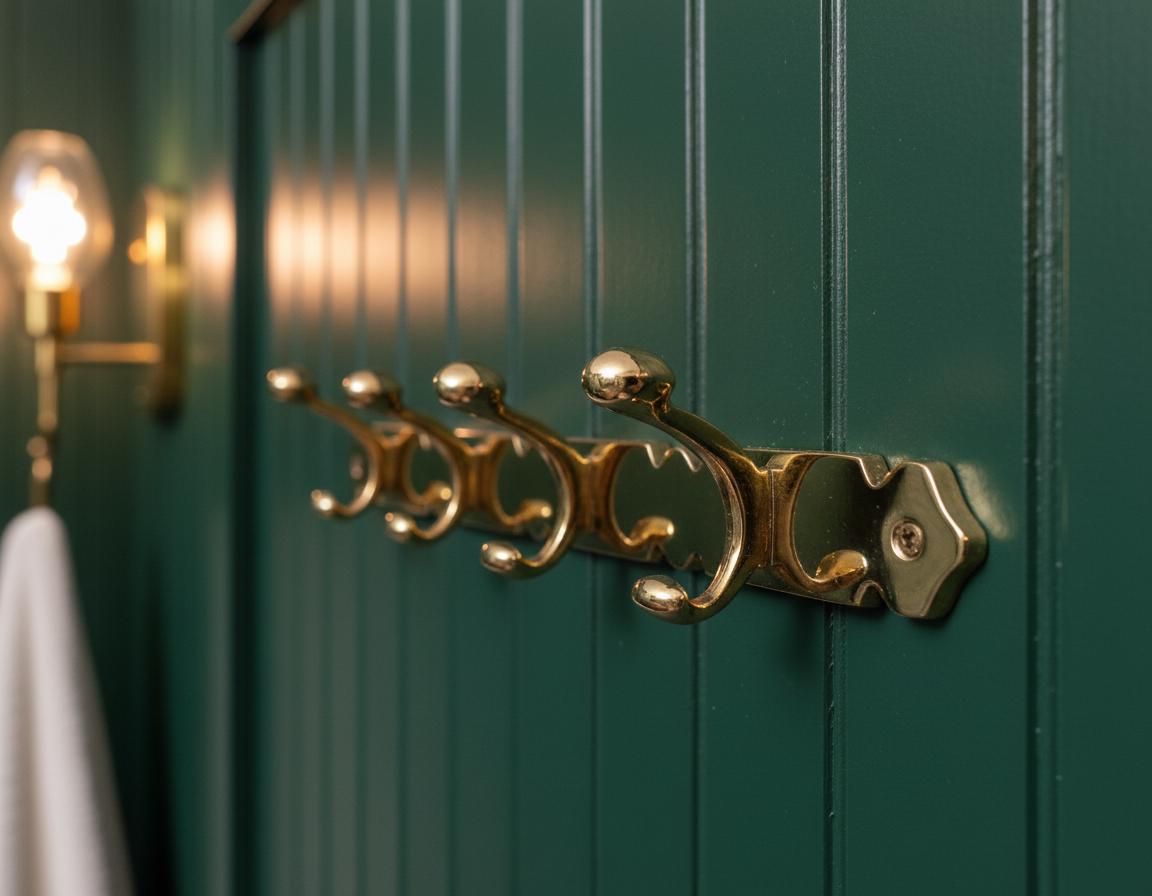 Gold coat rack on a green wall with a blurred light fixture in the background