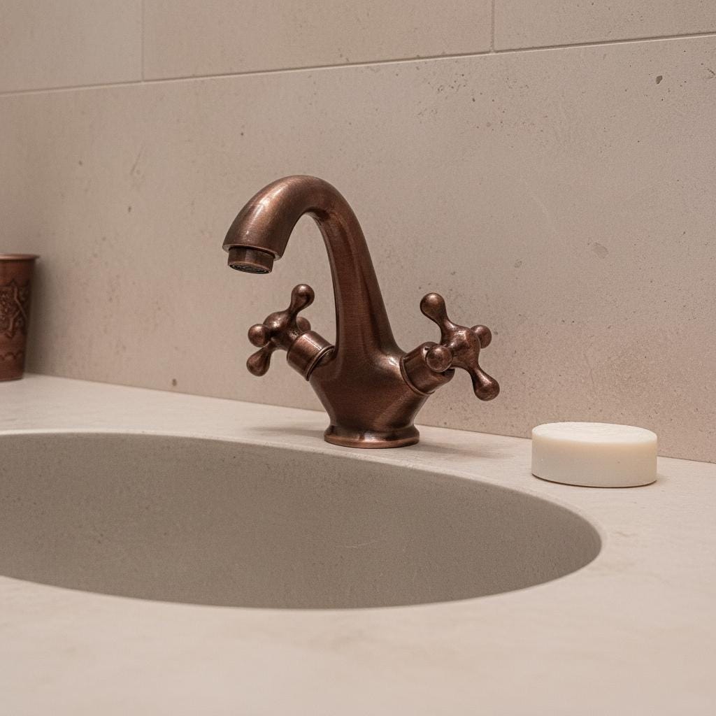 Bronze faucet on a sink with a neutral background