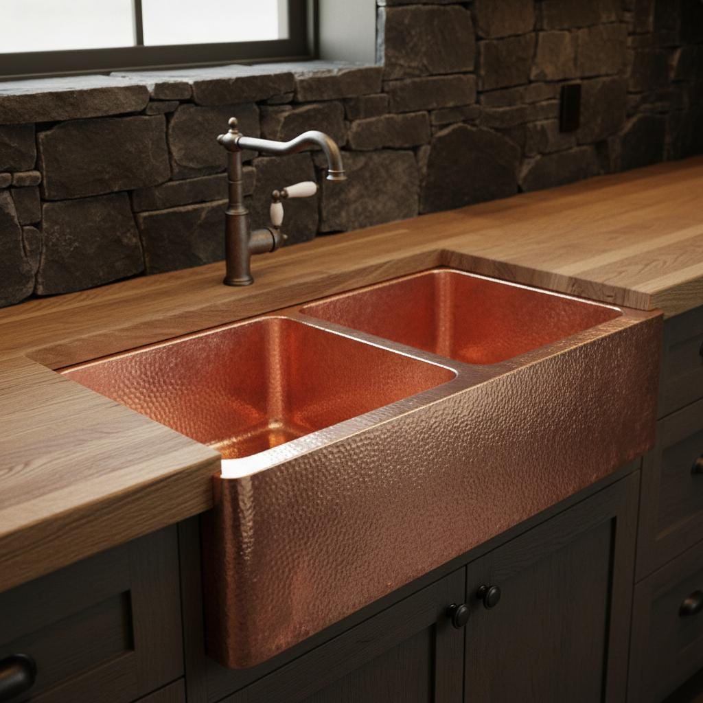 Copper farmhouse sink in a kitchen with wooden countertop and stone wall.