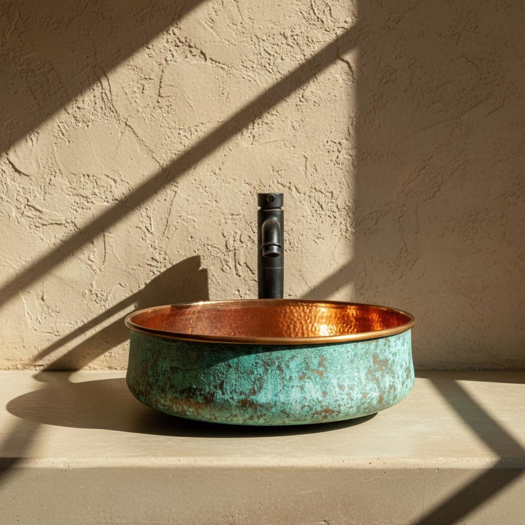 Copper and turquoise sink against a beige wall