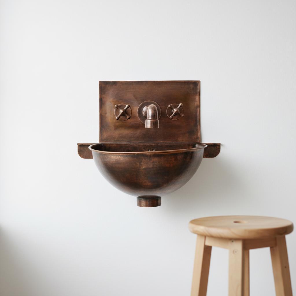 Bronze wall-mounted sink with faucet and wooden stool on a white background