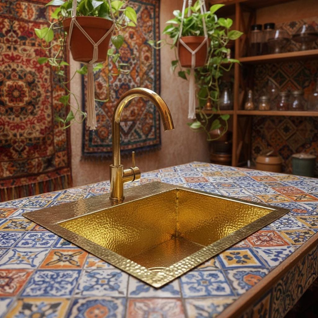 Gold sink on a colorful tiled countertop with plants and shelves in the background