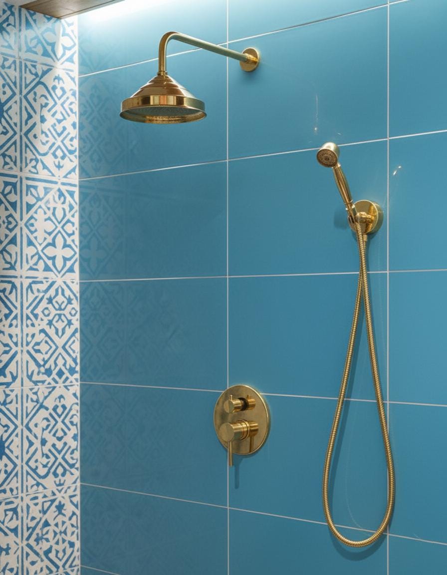 Gold shower head and control valve on a blue tiled wall with decorative corner tile.