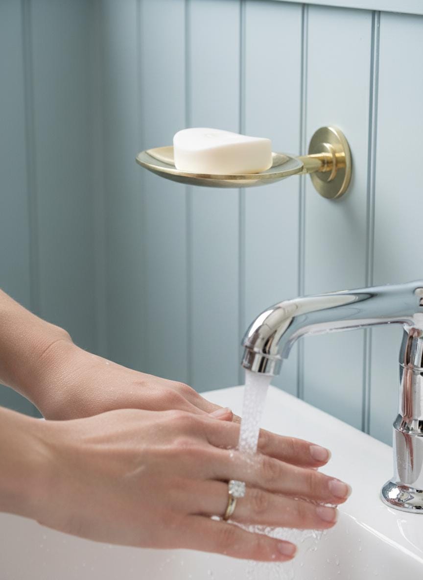 Person washing hands with soap under a faucet, with a soap dish on a light blue wall.