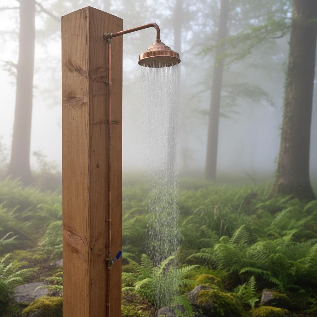 Outdoor shower mounted on a wooden post in a forest setting