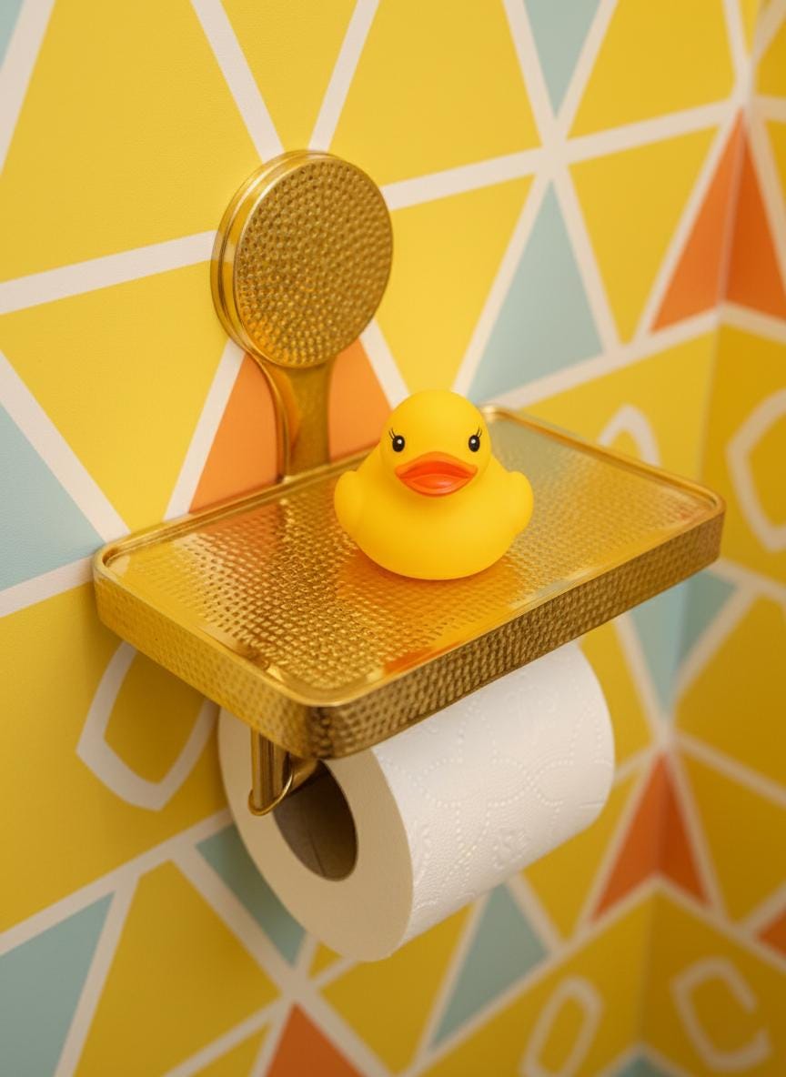 Yellow rubber duck on a gold shelf with a shower head, against a colorful geometric-patterned wall.