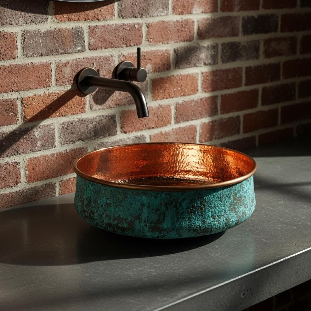 Copper and turquoise sink on a dark countertop with a brick wall background