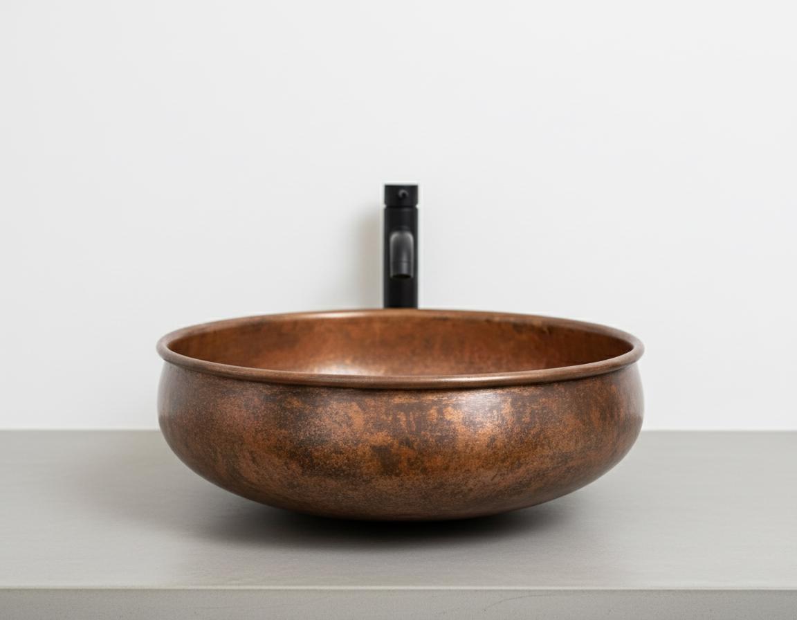 Copper sink on a white countertop with a white wall background