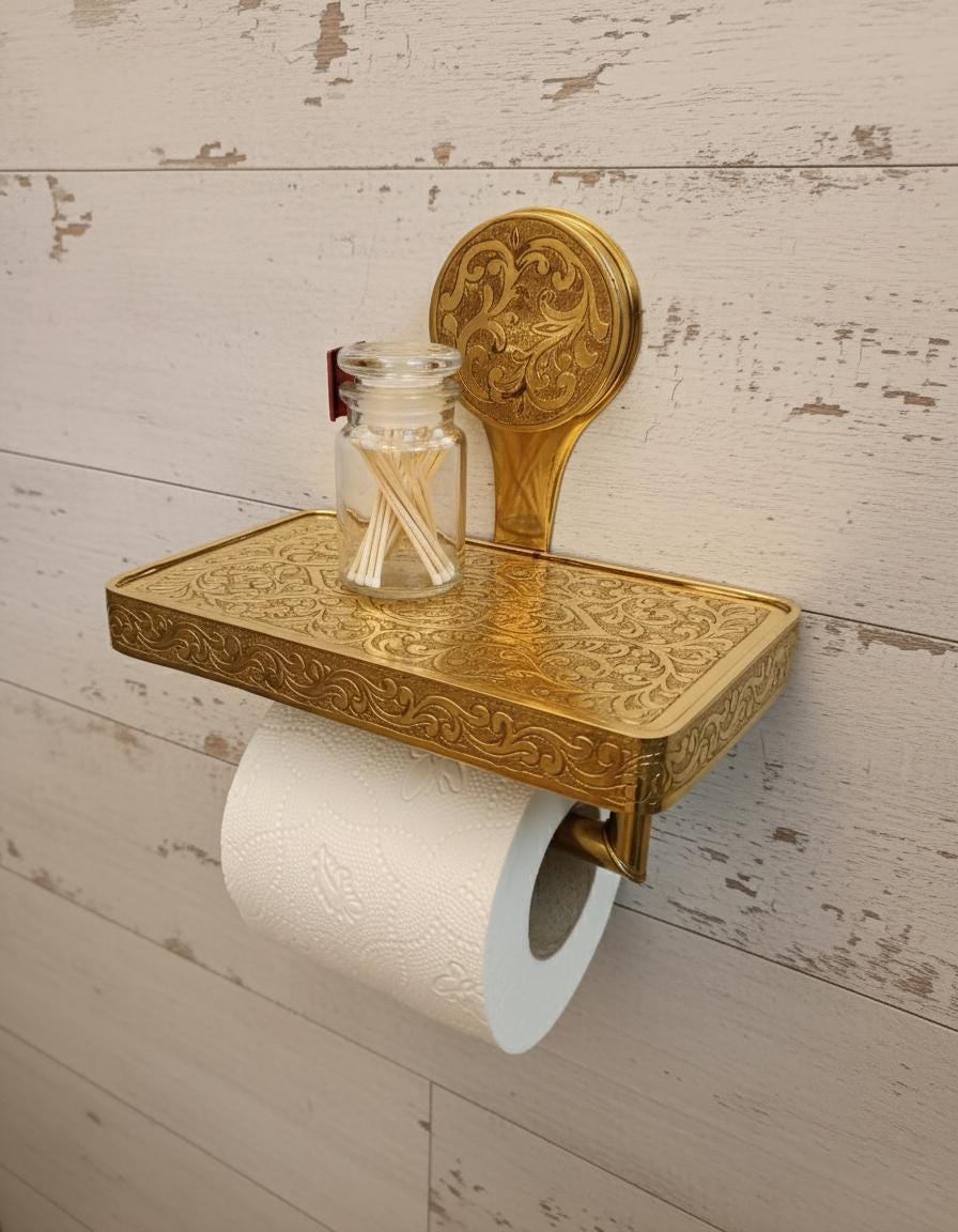 Decorative gold toilet paper holder with a jar and brush on a wooden wall.