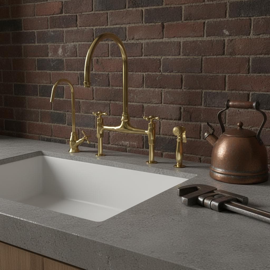Kitchen sink with gold faucet and copper kettle against a brick wall.