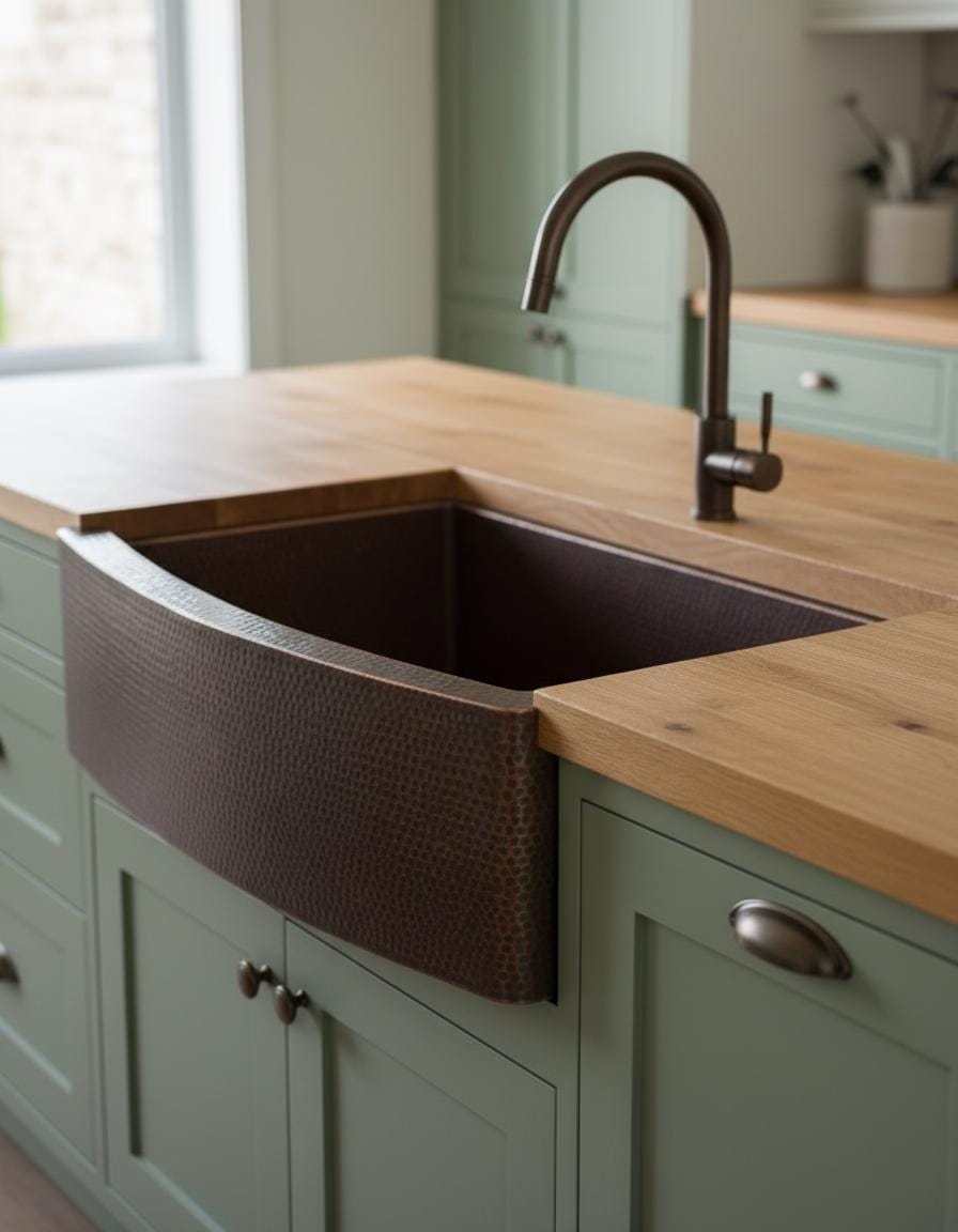 Kitchen sink with wooden countertop and green cabinets