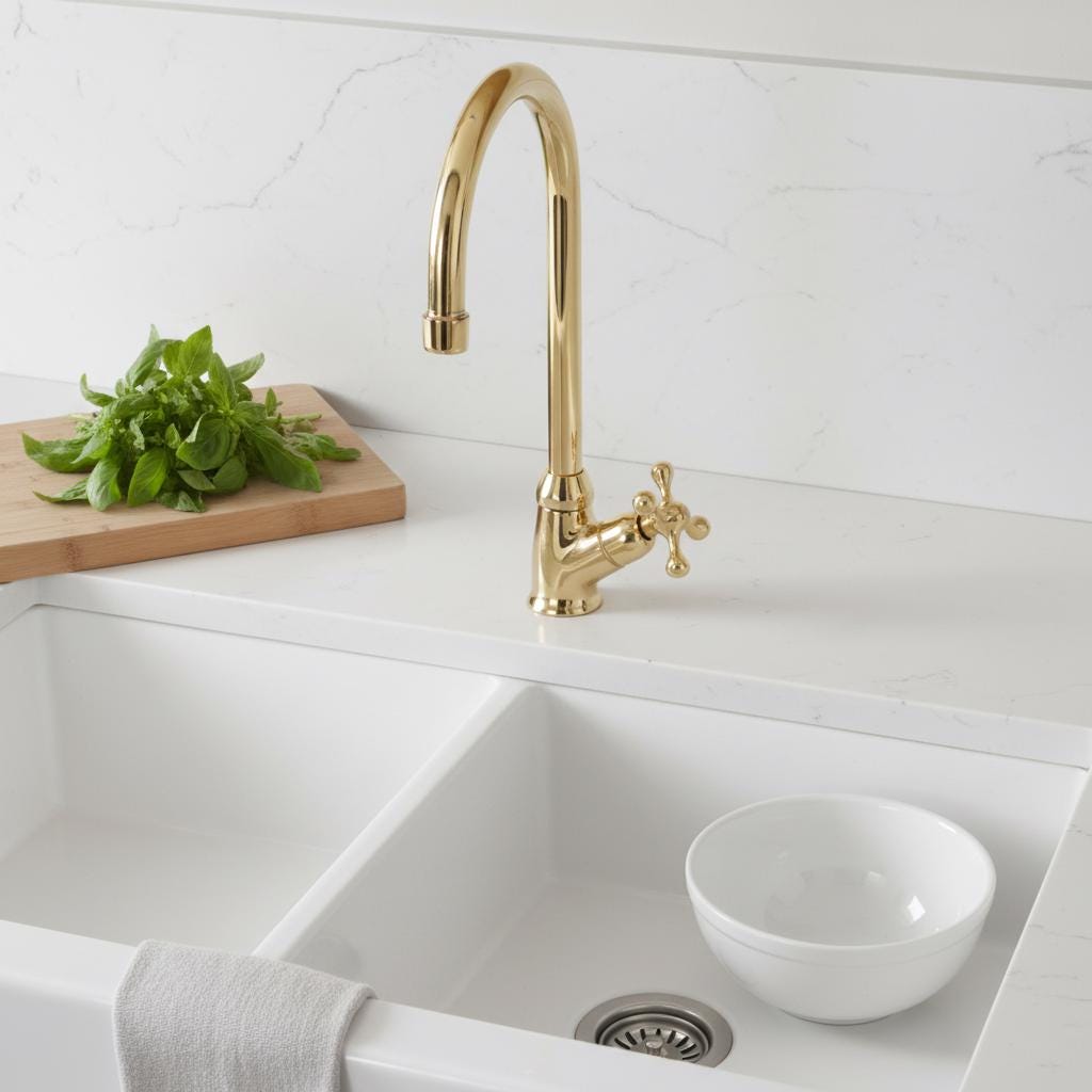 Gold kitchen faucet over a white sink with a light blue tiled wall in the background.