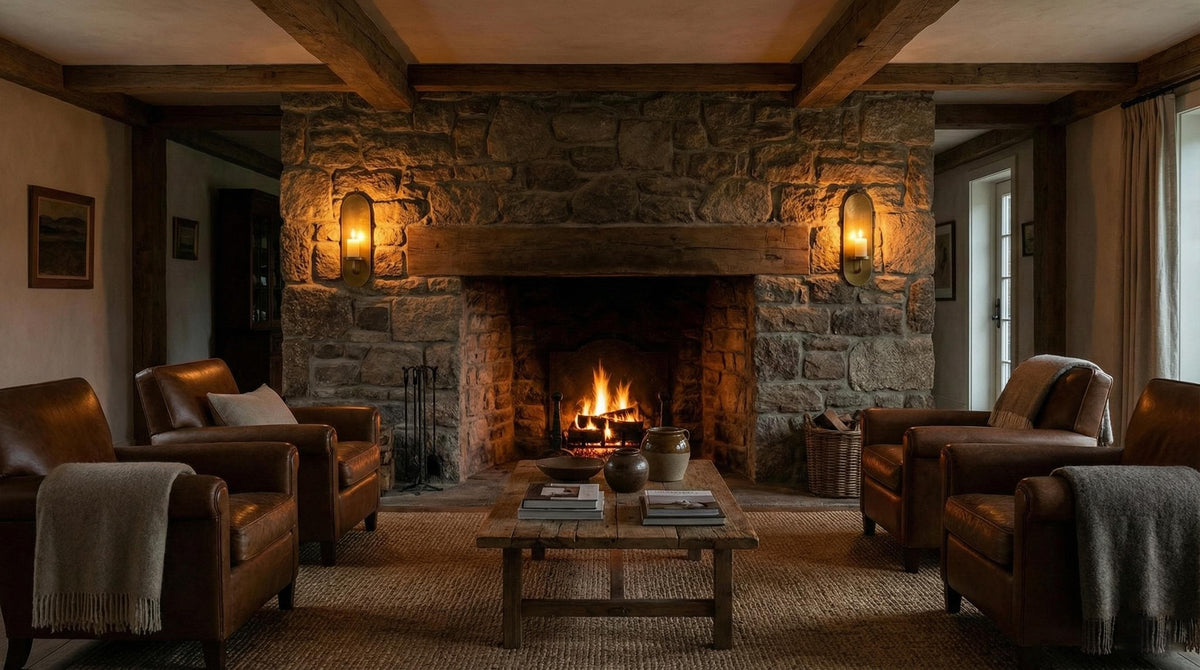 Cozy living room with stone fireplace, leather furniture, and warm lighting.