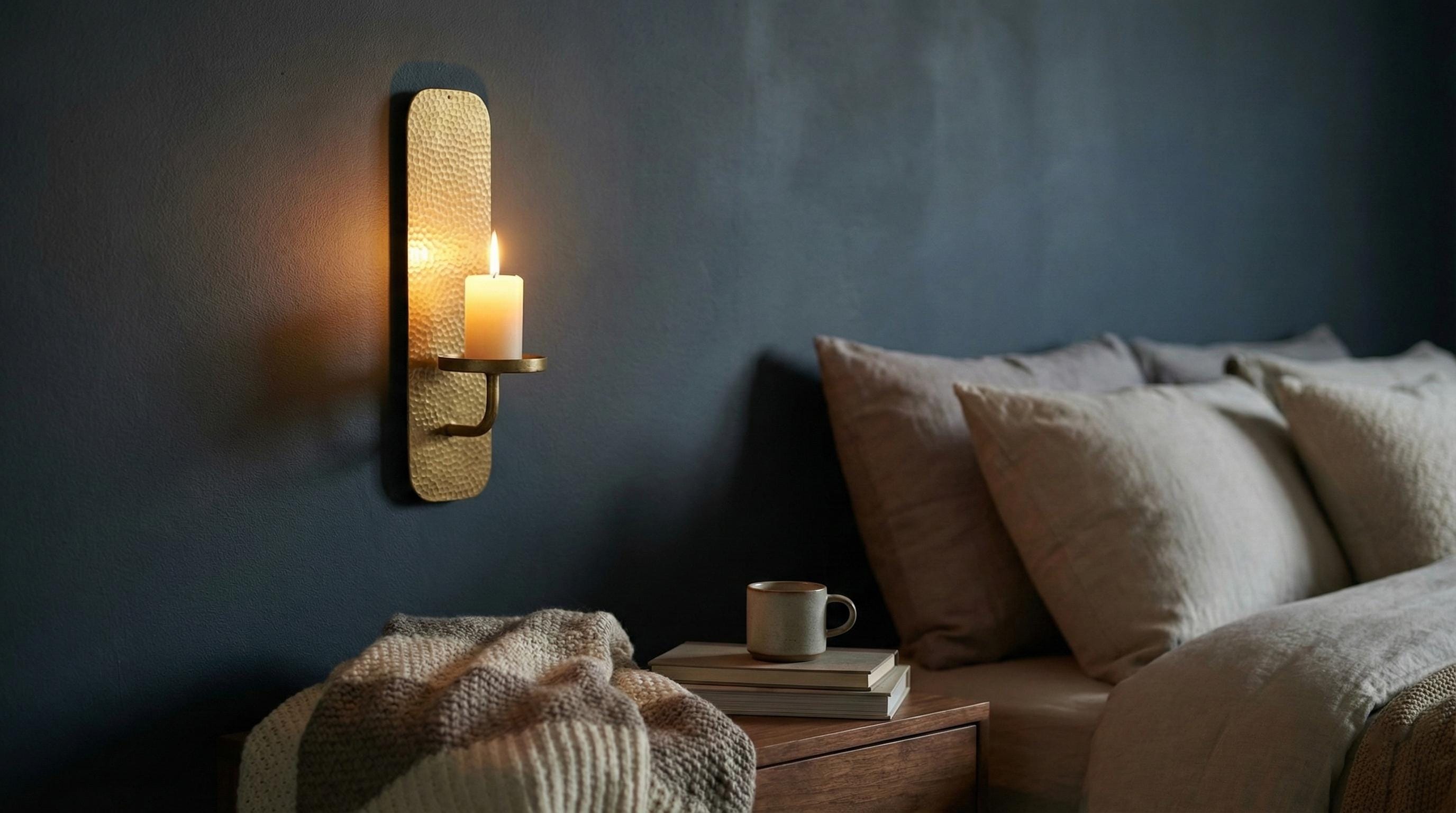 Cozy bedroom with a lit candle on a wall sconce, pillows on a bed, and a cup on a nightstand.