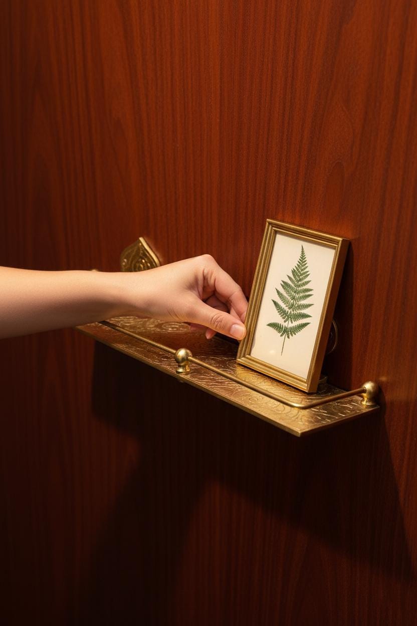 Wooden shelf with decorative items against a tiled bathroom wall