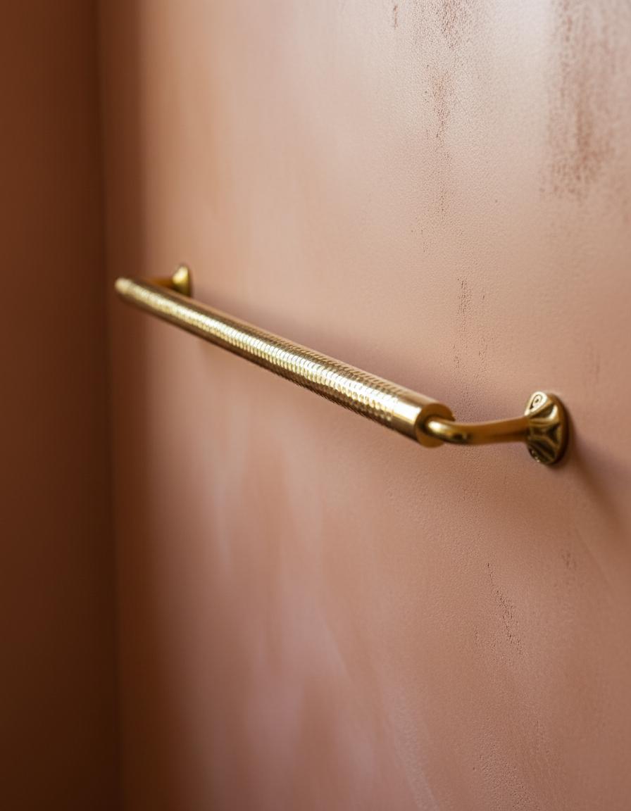 Gold handle on a pinkish-brown surface