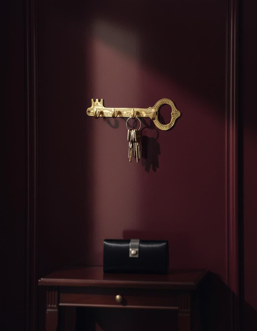 Decorative key-shaped hook on a dark wall with a black bag below.