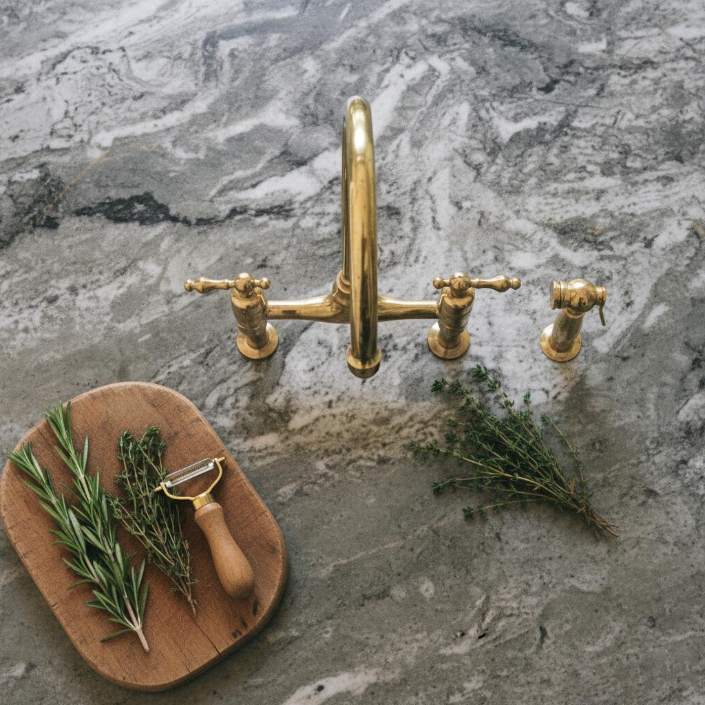Gold faucet on a marble countertop with herbs and a cutting board.
