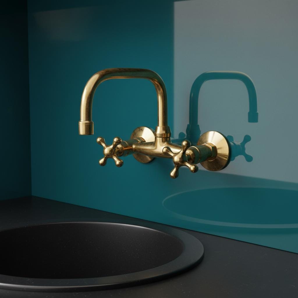 Gold faucet on a black sink against a teal wall