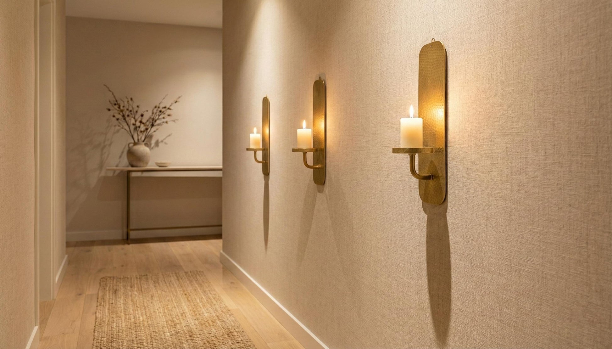  hallway with wall sconces and a table with a plant