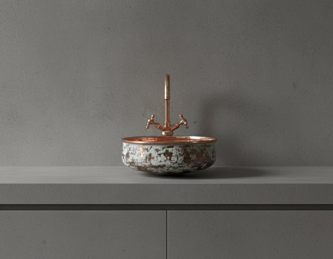 Vintage-style copper sink with faucet on a gray surface against a matching gray wall