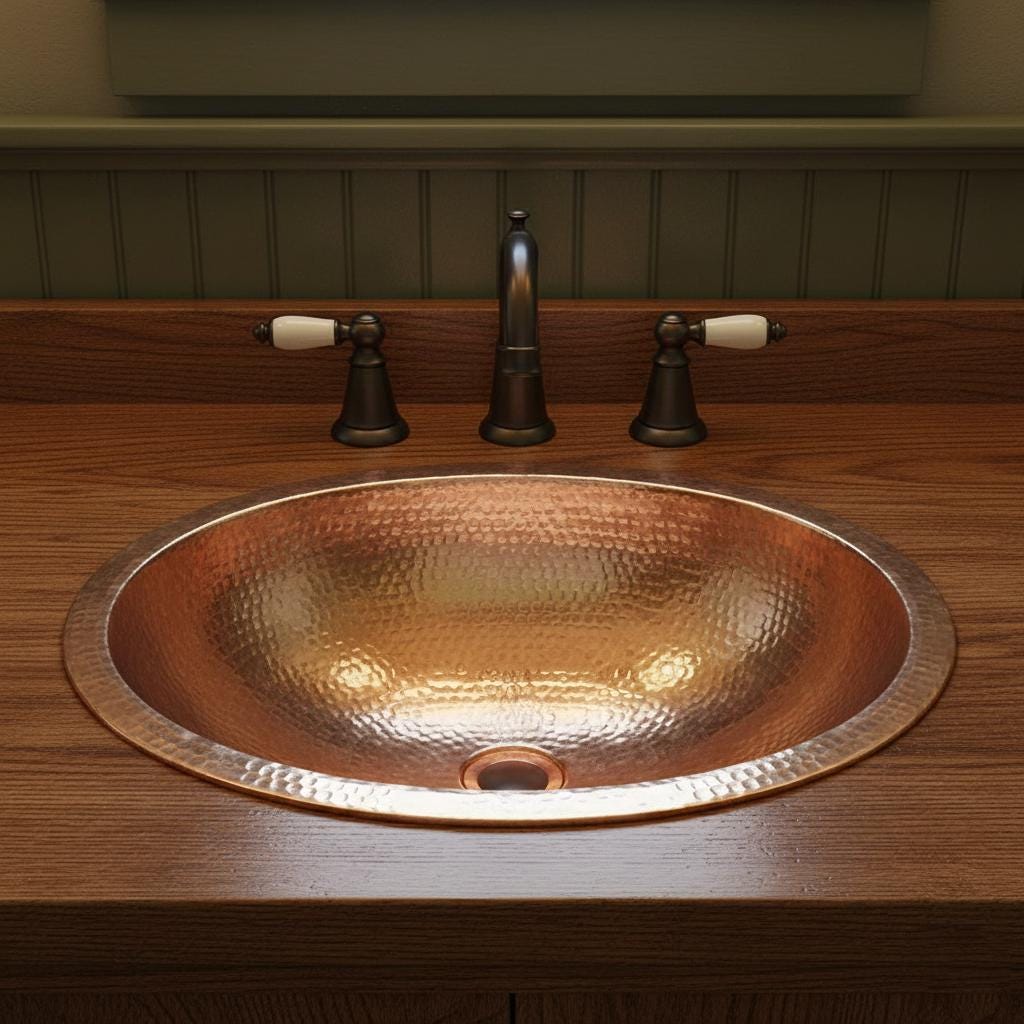 Copper sink with bronze faucet and handles on a wooden vanity.
