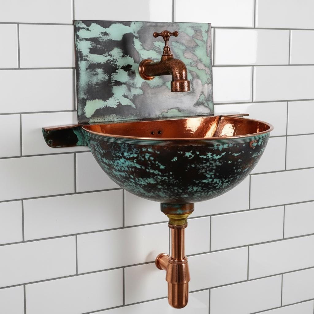 Wall-mounted copper sink with distressed finish and vintage-style faucet against a tiled wall.