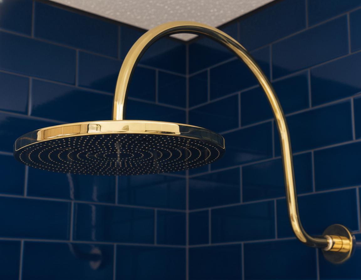 Gold shower head with arm against a blue tiled wall