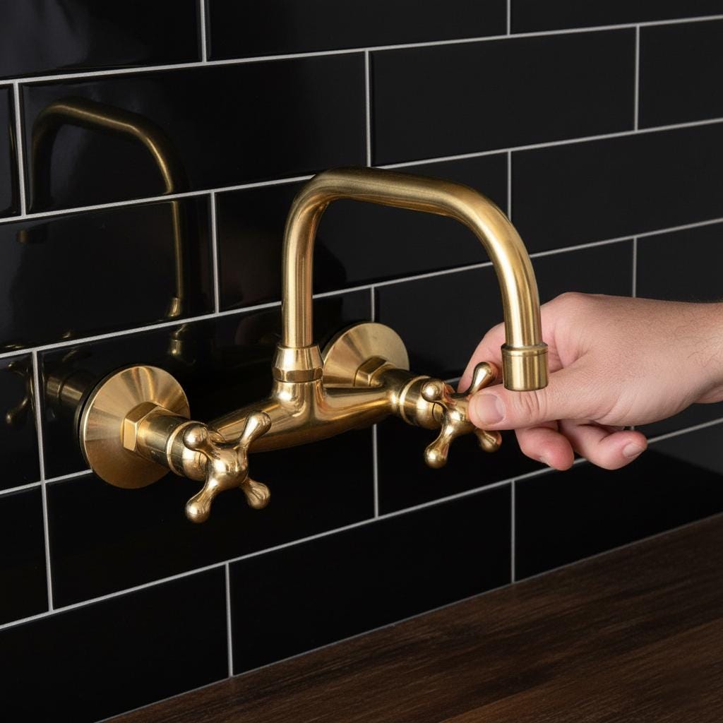 Gold faucet on a green marble wall with a black sink and bar shaker.